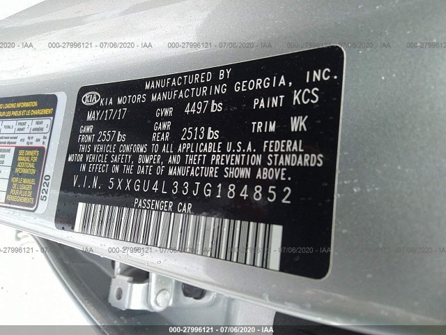 Photo 8 VIN: 5XXGU4L33JG184852 - KIA OPTIMA 