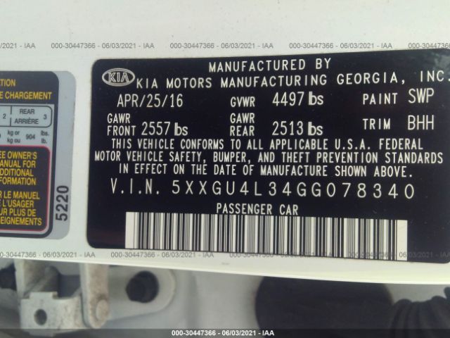 Photo 8 VIN: 5XXGU4L34GG078340 - KIA OPTIMA 