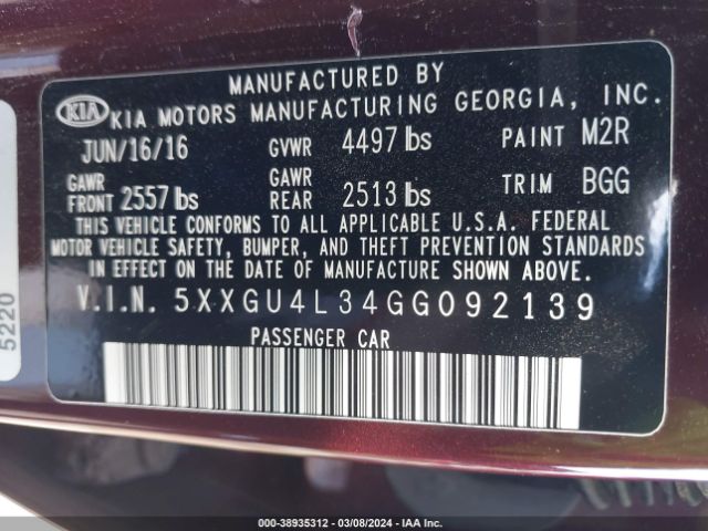 Photo 8 VIN: 5XXGU4L34GG092139 - KIA OPTIMA 