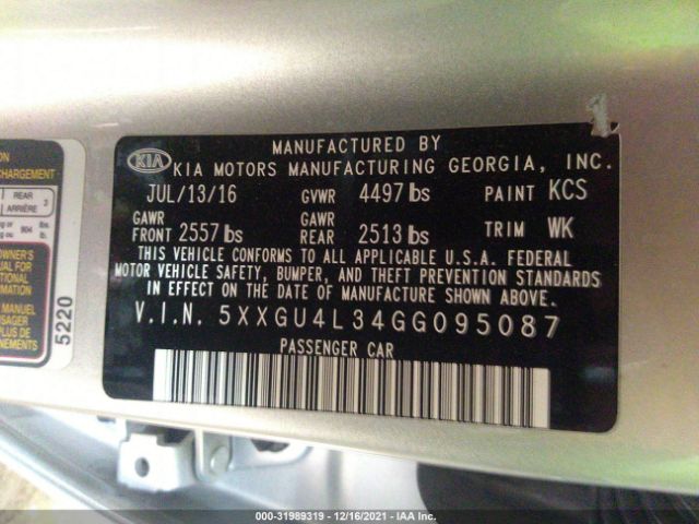 Photo 8 VIN: 5XXGU4L34GG095087 - KIA OPTIMA 