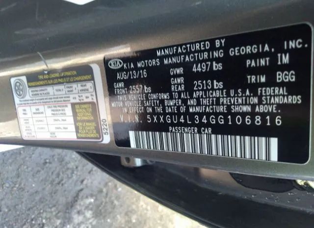 Photo 8 VIN: 5XXGU4L34GG106816 - KIA OPTIMA 