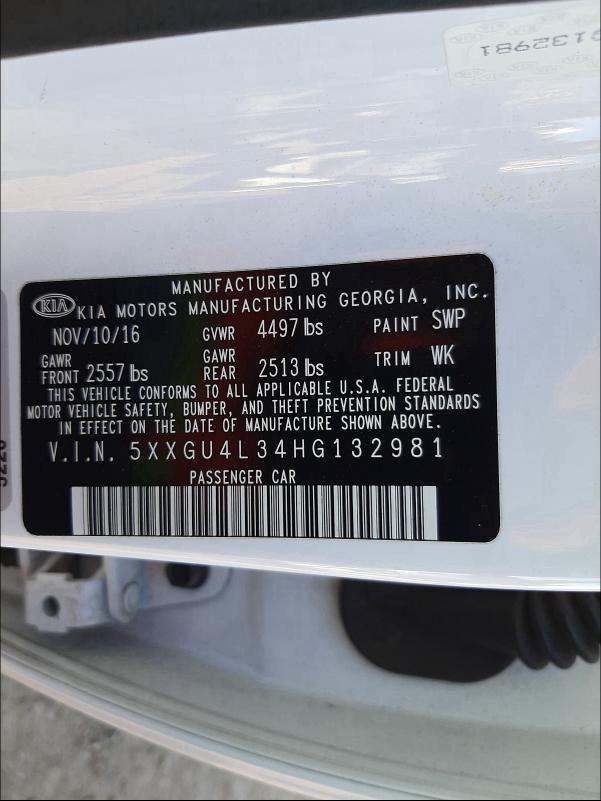 Photo 9 VIN: 5XXGU4L34HG132981 - KIA OPTIMA EX 