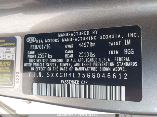 Photo 8 VIN: 5XXGU4L35GG046612 - KIA OPTIMA 