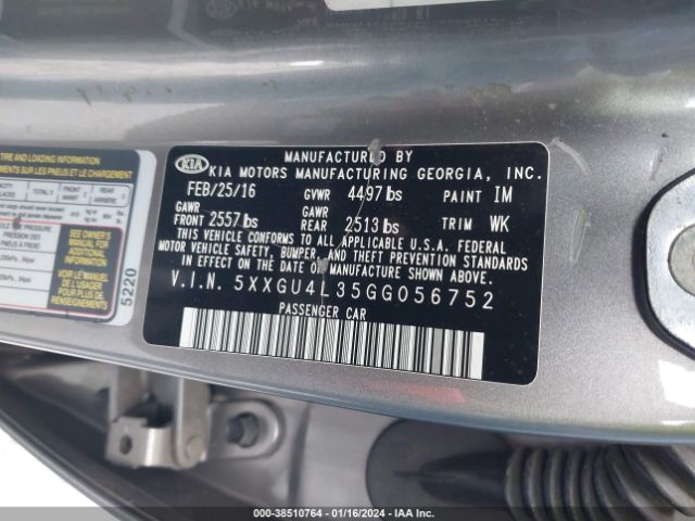 Photo 8 VIN: 5XXGU4L35GG056752 - KIA OPTIMA 