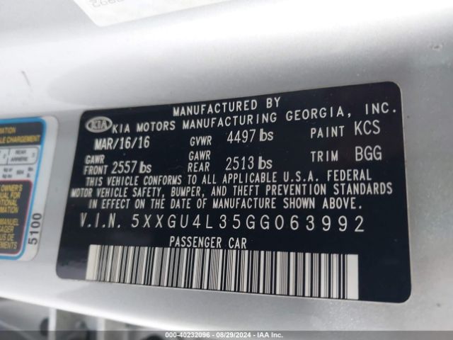 Photo 8 VIN: 5XXGU4L35GG063992 - KIA OPTIMA 