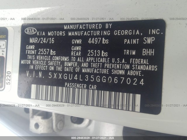 Photo 8 VIN: 5XXGU4L35GG067024 - KIA OPTIMA 