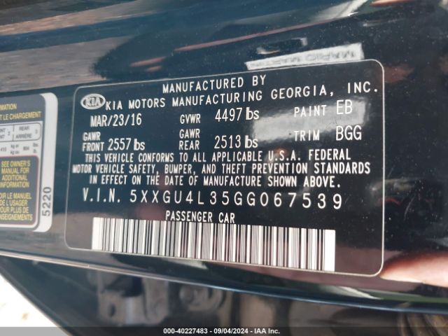 Photo 8 VIN: 5XXGU4L35GG067539 - KIA OPTIMA 