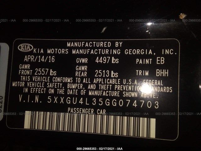 Photo 8 VIN: 5XXGU4L35GG074703 - KIA OPTIMA 