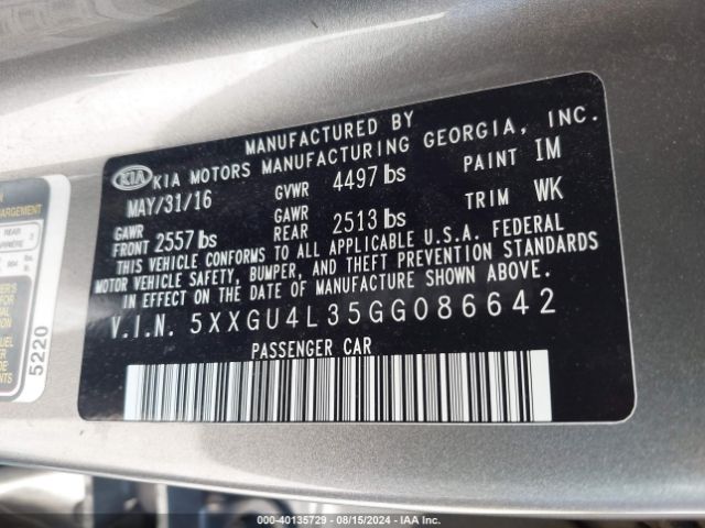 Photo 8 VIN: 5XXGU4L35GG086642 - KIA OPTIMA 