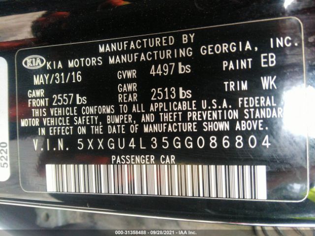 Photo 8 VIN: 5XXGU4L35GG086804 - KIA OPTIMA 