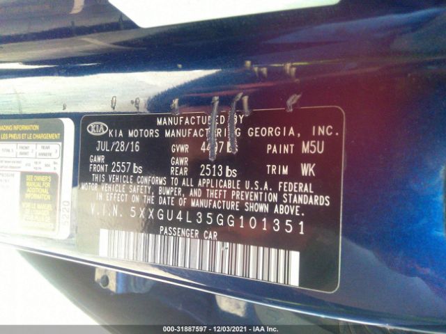 Photo 8 VIN: 5XXGU4L35GG101351 - KIA OPTIMA 