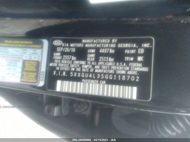 Photo 8 VIN: 5XXGU4L35GG118702 - KIA OPTIMA 