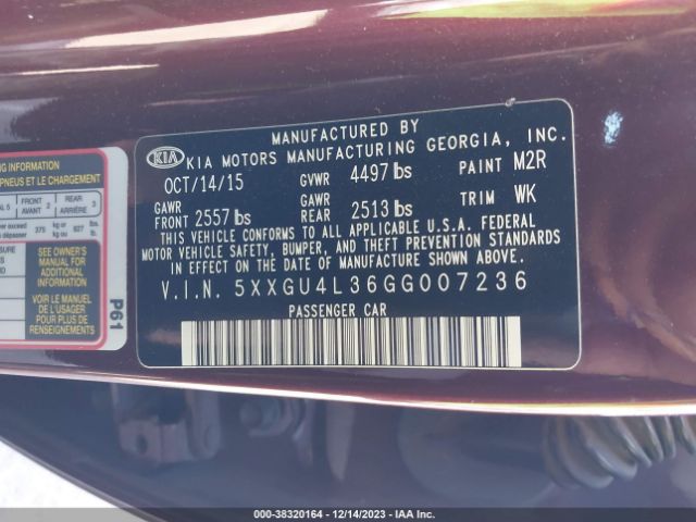 Photo 8 VIN: 5XXGU4L36GG007236 - KIA OPTIMA 