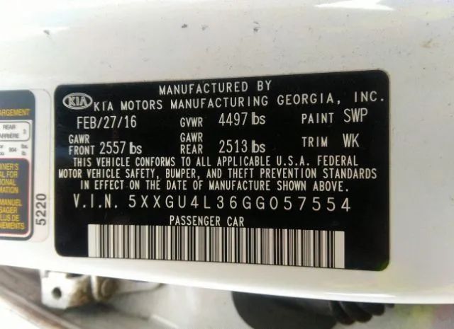 Photo 8 VIN: 5XXGU4L36GG057554 - KIA OPTIMA EX 