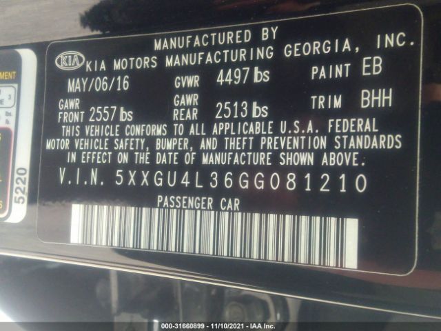 Photo 8 VIN: 5XXGU4L36GG081210 - KIA OPTIMA 