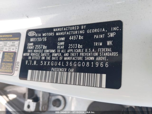 Photo 8 VIN: 5XXGU4L36GG081966 - KIA OPTIMA 