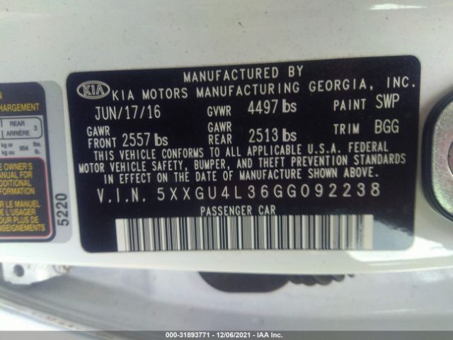 Photo 8 VIN: 5XXGU4L36GG092238 - KIA OPTIMA 