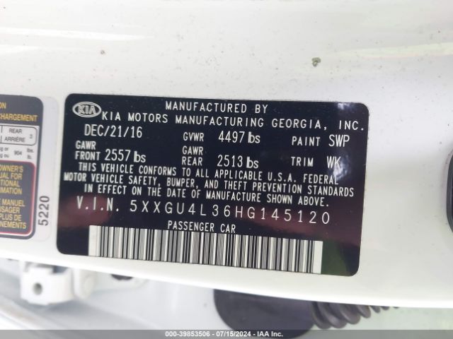 Photo 8 VIN: 5XXGU4L36HG145120 - KIA OPTIMA 