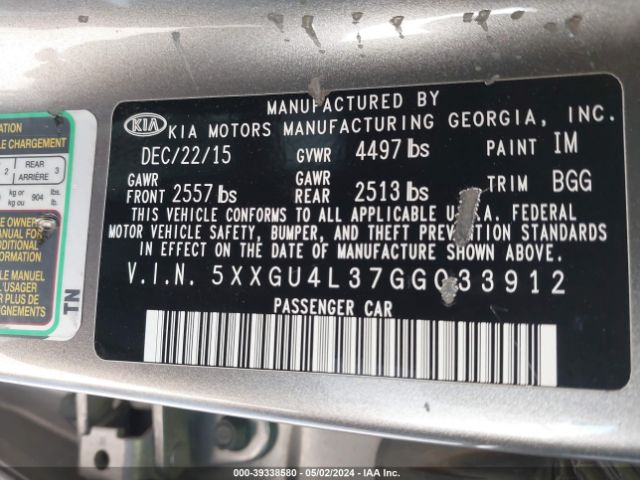 Photo 8 VIN: 5XXGU4L37GG033912 - KIA OPTIMA 