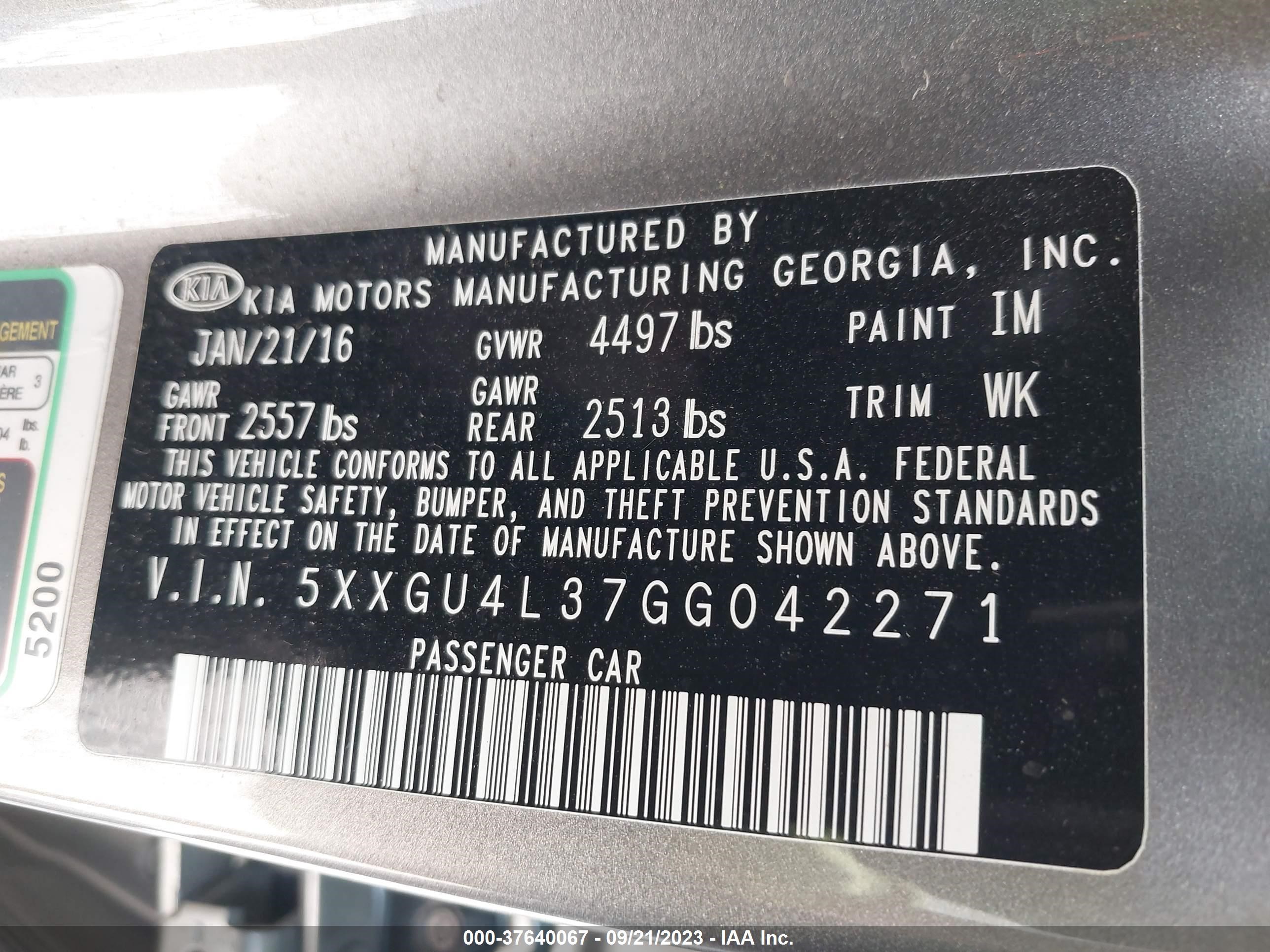 Photo 8 VIN: 5XXGU4L37GG042271 - KIA OPTIMA 