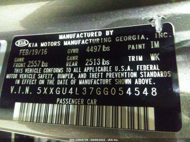 Photo 8 VIN: 5XXGU4L37GG054548 - KIA OPTIMA 