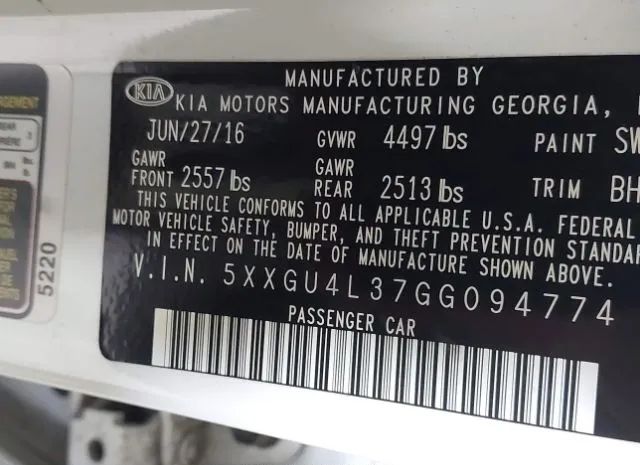 Photo 8 VIN: 5XXGU4L37GG094774 - KIA OPTIMA 