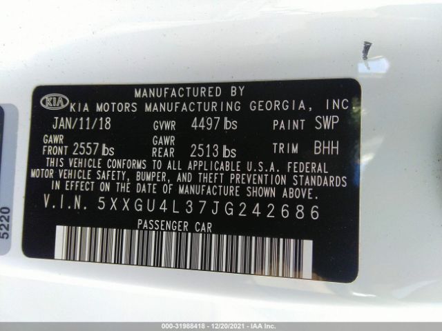 Photo 8 VIN: 5XXGU4L37JG242686 - KIA OPTIMA 