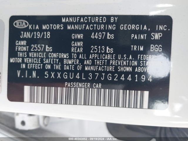 Photo 8 VIN: 5XXGU4L37JG244194 - KIA OPTIMA 