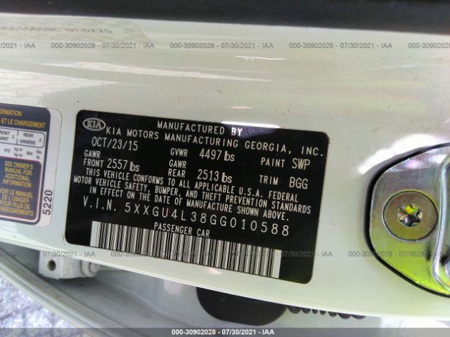 Photo 8 VIN: 5XXGU4L38GG010588 - KIA OPTIMA 