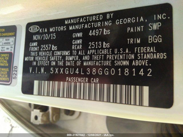 Photo 8 VIN: 5XXGU4L38GG018142 - KIA OPTIMA 