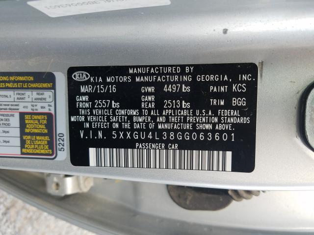 Photo 9 VIN: 5XXGU4L38GG063601 - KIA OPTIMA EX 