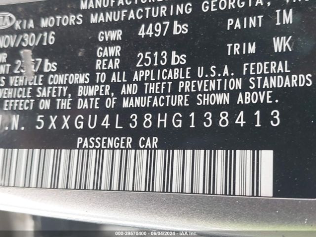 Photo 8 VIN: 5XXGU4L38HG138413 - KIA OPTIMA 