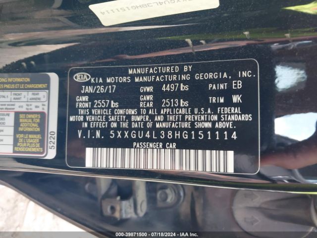 Photo 8 VIN: 5XXGU4L38HG151114 - KIA OPTIMA 