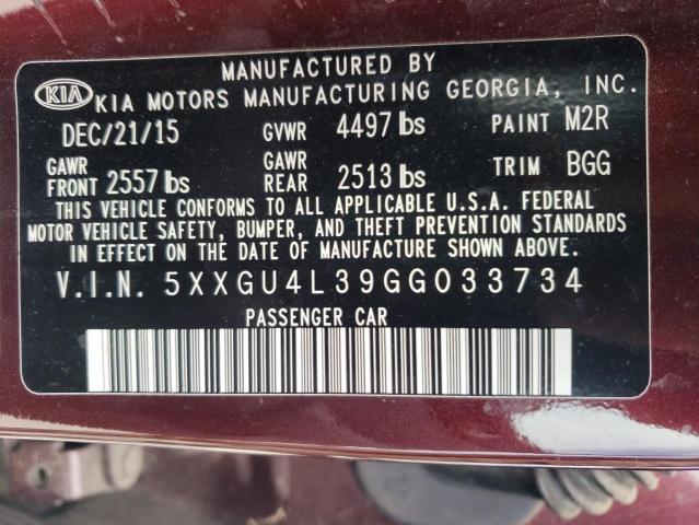 Photo 9 VIN: 5XXGU4L39GG033734 - KIA OPTIMA EX 