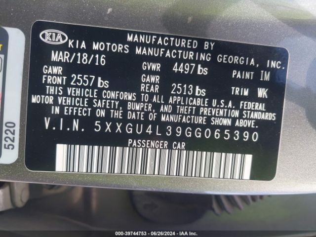 Photo 8 VIN: 5XXGU4L39GG065390 - KIA OPTIMA 