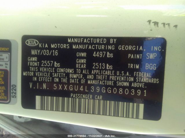 Photo 8 VIN: 5XXGU4L39GG080391 - KIA OPTIMA 