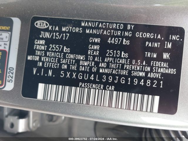 Photo 8 VIN: 5XXGU4L39JG194821 - KIA OPTIMA 