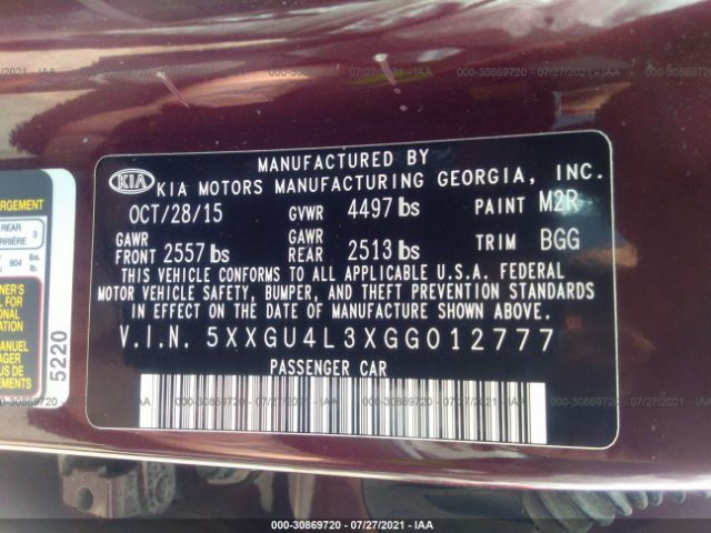 Photo 8 VIN: 5XXGU4L3XGG012777 - KIA OPTIMA 