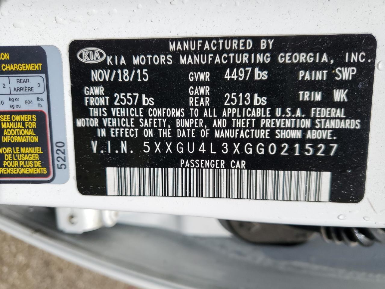 Photo 11 VIN: 5XXGU4L3XGG021527 - KIA OPTIMA 