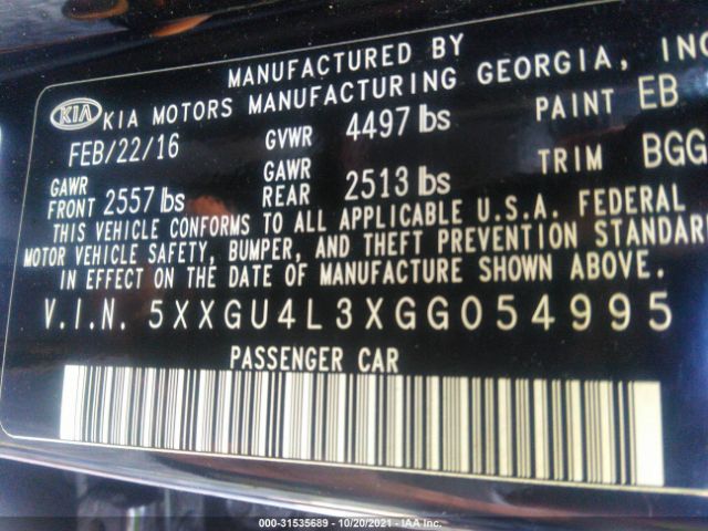 Photo 8 VIN: 5XXGU4L3XGG054995 - KIA OPTIMA 