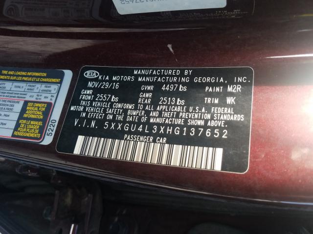 Photo 9 VIN: 5XXGU4L3XHG137652 - KIA OPTIMA EX 