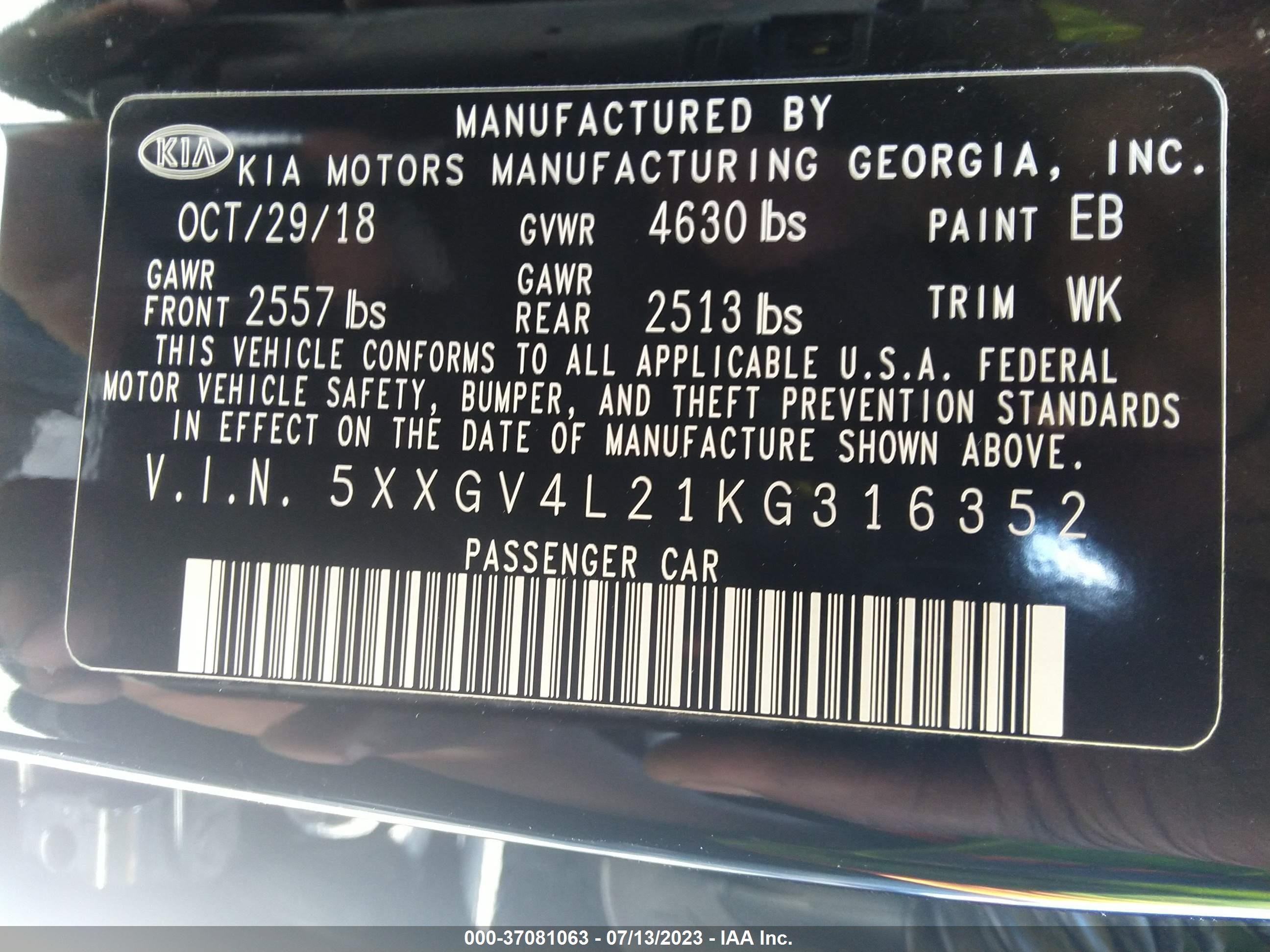 Photo 8 VIN: 5XXGV4L21KG316352 - KIA OPTIMA 