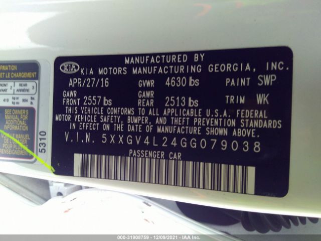 Photo 8 VIN: 5XXGV4L24GG079038 - KIA OPTIMA 