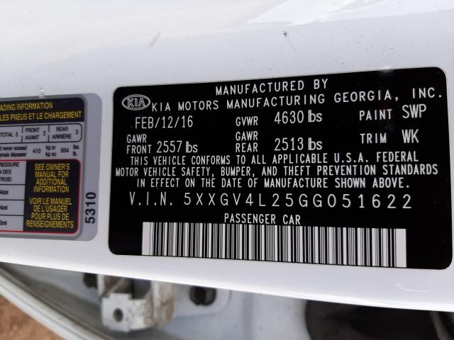 Photo 9 VIN: 5XXGV4L25GG051622 - KIA OPTIMA SXL 