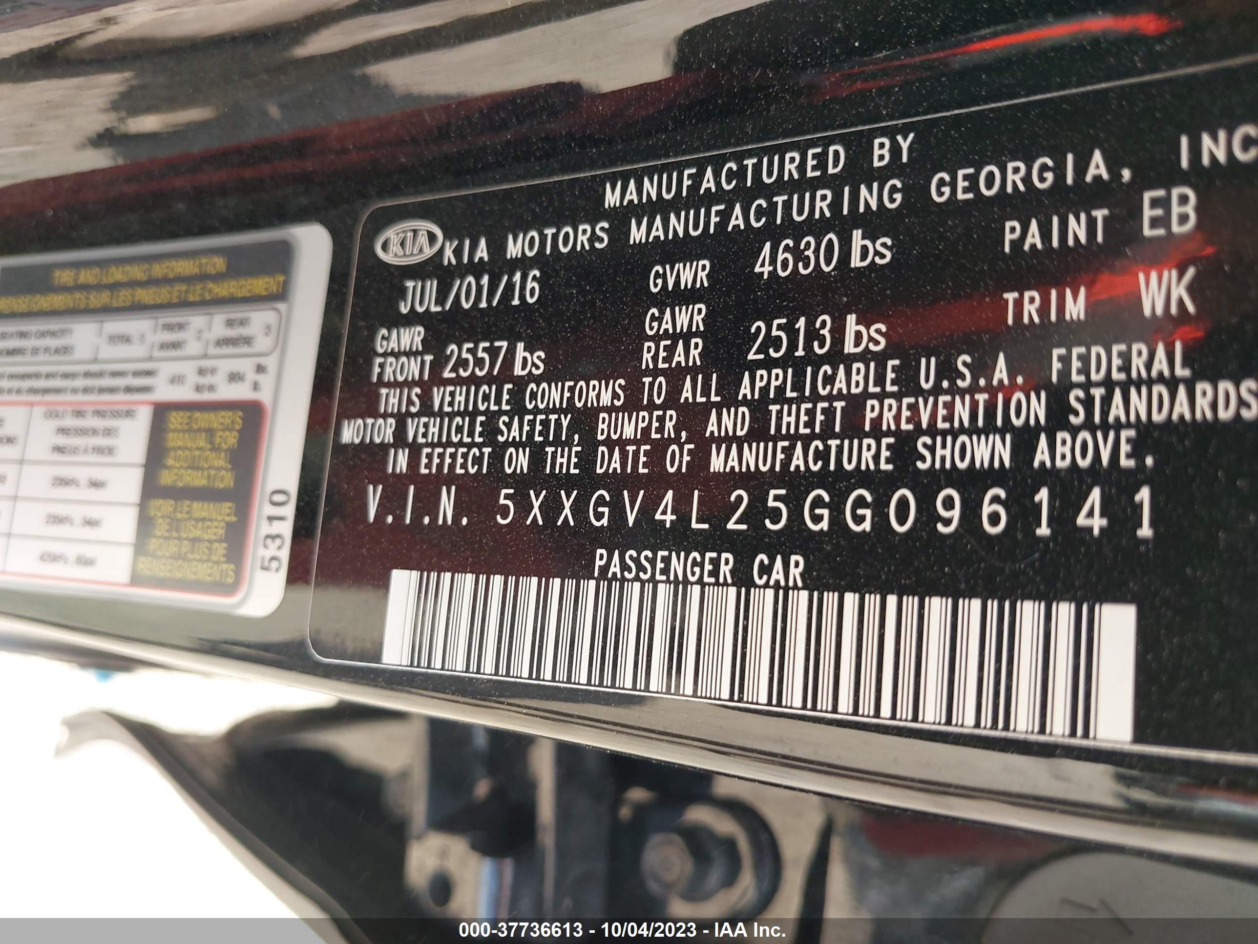 Photo 8 VIN: 5XXGV4L25GG096141 - KIA OPTIMA 