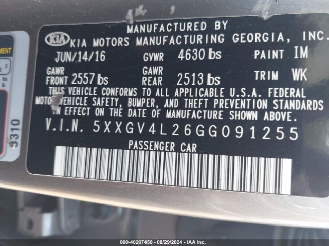 Photo 8 VIN: 5XXGV4L26GG091255 - KIA OPTIMA 