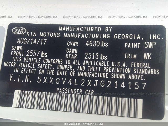 Photo 8 VIN: 5XXGV4L2XJG214157 - KIA OPTIMA 