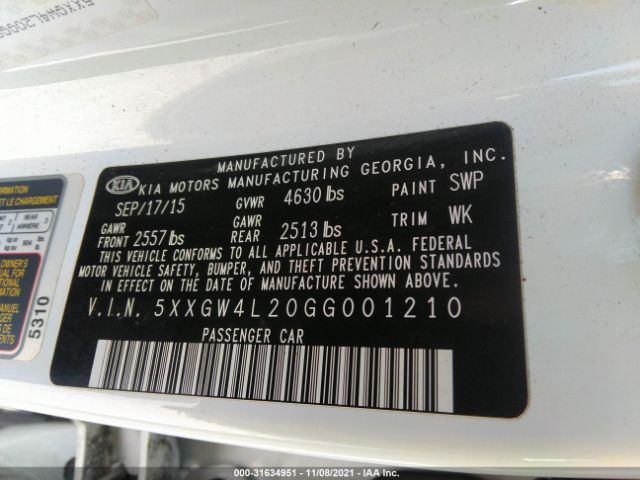 Photo 8 VIN: 5XXGW4L20GG001210 - KIA OPTIMA 