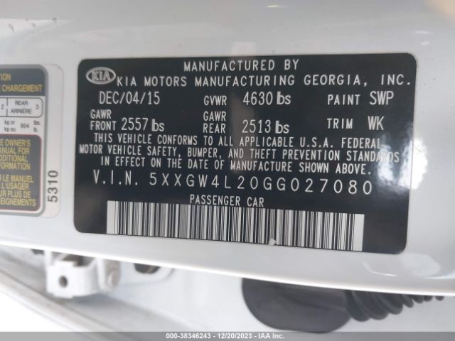 Photo 8 VIN: 5XXGW4L20GG027080 - KIA OPTIMA 