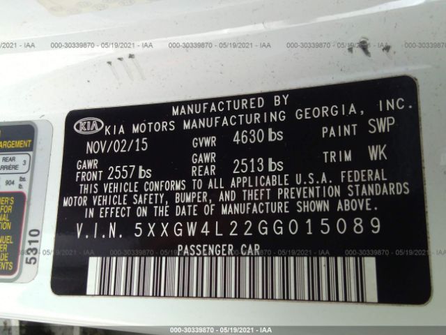 Photo 8 VIN: 5XXGW4L22GG015089 - KIA OPTIMA 